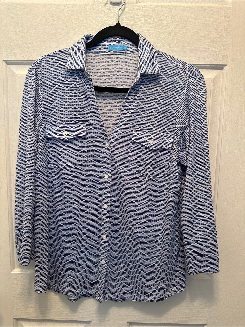 Women’s Navy White Chevron Knit Linen Button-Down Shirt Size M